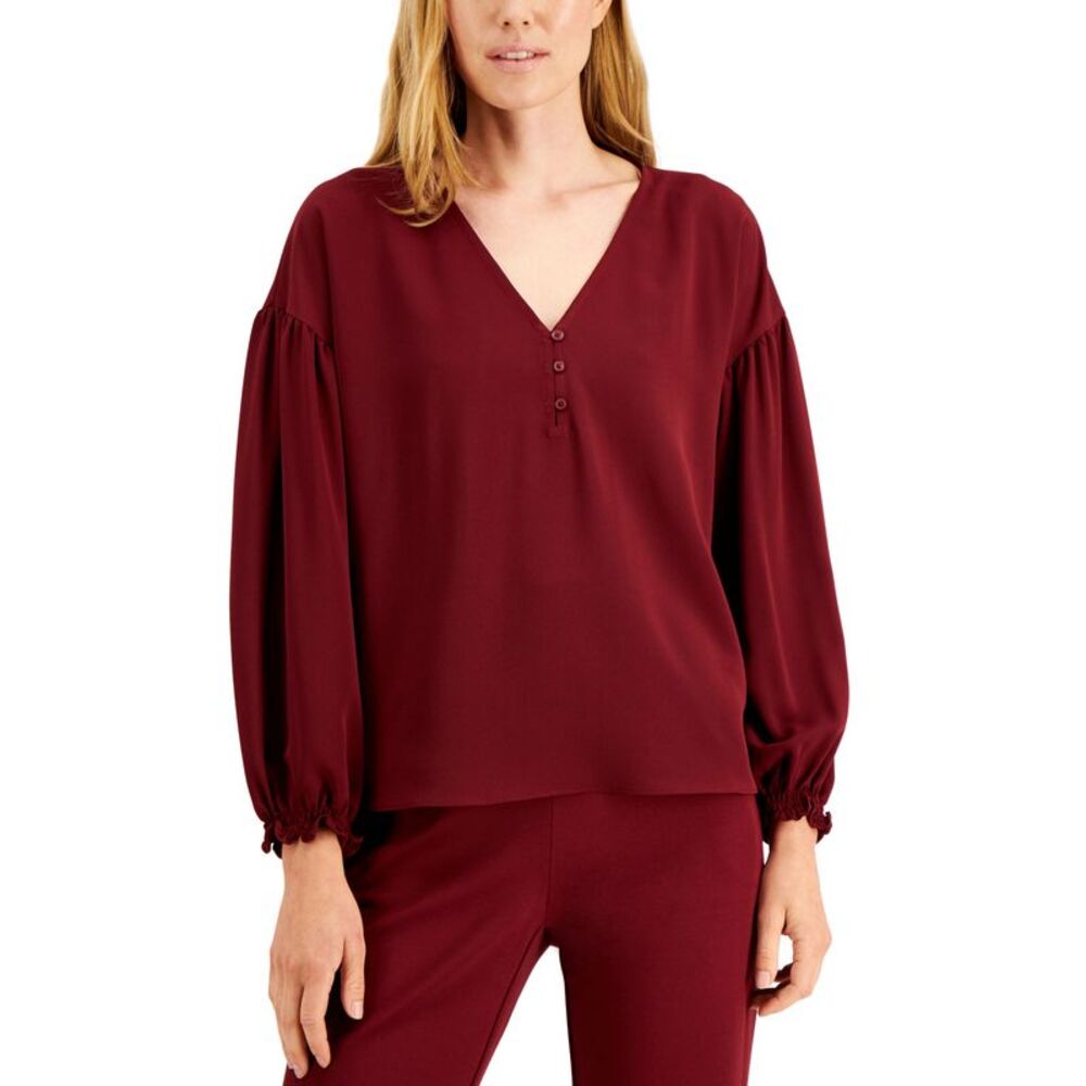 Alfani Petite Solid V Neck Volume Sleeve Blouse